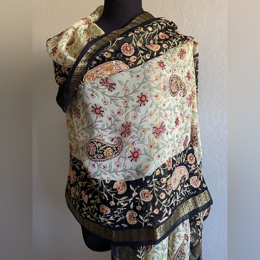 Floral Embroidered Shawl with Black Border